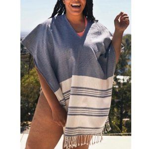 Tribe Alive | Poncho Womens Size OS Caftan CoverUp Blue Ivory Fringe